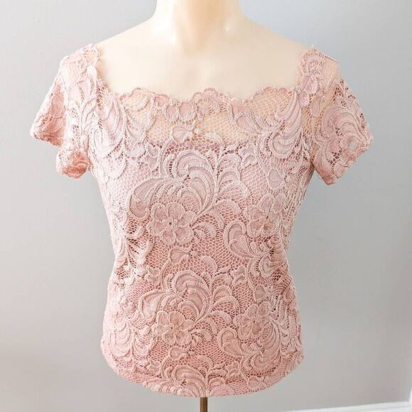 Ambiance Pink Blush Lace Short Sleeve Blouse - Picture 1 of 3